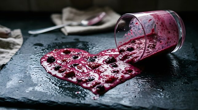 Vibrant Berry Smoothie Spilled Heart Shape on Dark Stone.