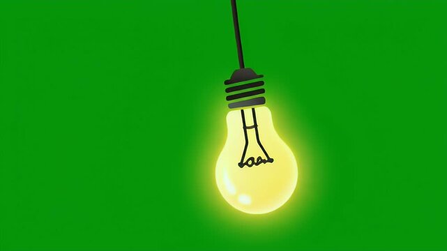 A single lit incandescent light bulb hangs from a thin wire against a vibrant green backdrop