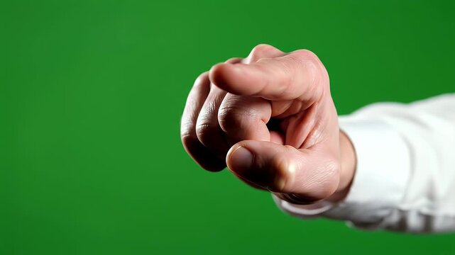 Human index finger pointing forward against a vibrant green background