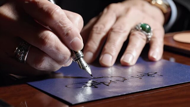 Close up of hands wearing rings, writing with a fountain pen on a blue card