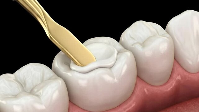  Macro video concept of dental restoration: close up of a dentist tool applying composite filling material to a molar tooth. Generative AI
