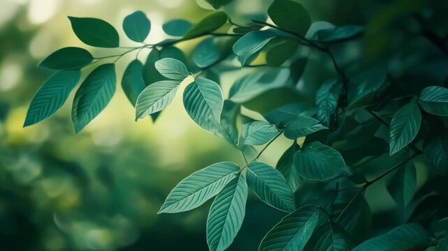 A close-up of lush green leaves with varying shades and a soft, blurred background