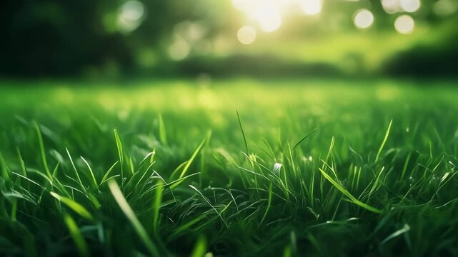 A close-up of vibrant green grass blades with soft sunlight and blurred background