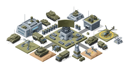 Isometric illustration of a military base with various vehicles and buildings, including tanks, planes, and warships, showcasing a strategic military setup © NanzZ