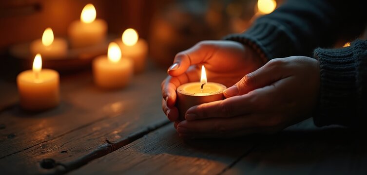 Hands cup small candle flame. Multiple lit candles glow in dark interior. Dim light, rustic wood table, cozy atmosphere of warmth and stillness.