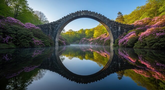 Rakotzbr?cke Devils Bridge in Kromlau Germany with reflection in water.