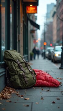 A green backpack and red sleeping bag lie on a city sidewalk. Fallen leaves trash the ground near the belongings. Buildings and blurred people are visible in the background.