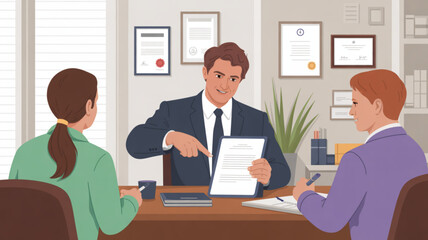 Obraz premium Businessman discussing documents with colleagues in a modern office setting with certificates on the wall