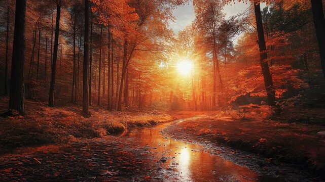 A forest scene, warm autumnal hues. Sunlight streams through trees, reflecting in a stream