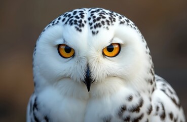 Obraz premium Close up of snowy owl with striking orange eyes. White bird has black speckles. Arctic creature looks intensely forward. It is a wild animal.
