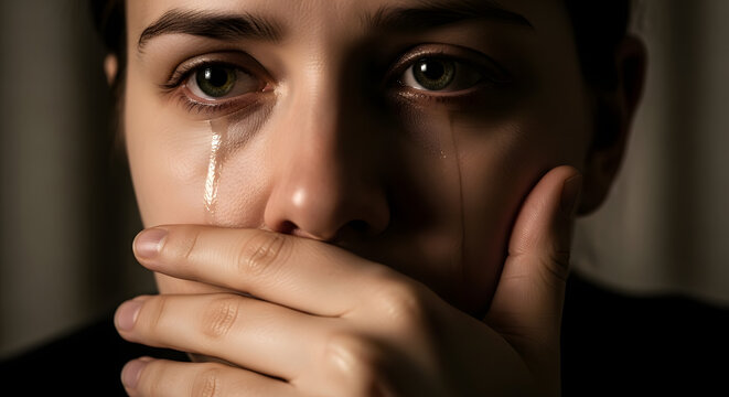 Sad crying man with tears face.