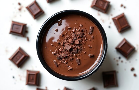 Smooth dark chocolate dessert in black bowl with scattered chocolate pieces on white background. Creamy sweet confection is rich and delicious treat. Top view of food.