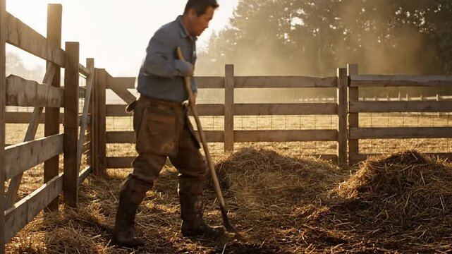 A man rakes hay in a pen, working with a rake near a wooden fence, backlit by the sun