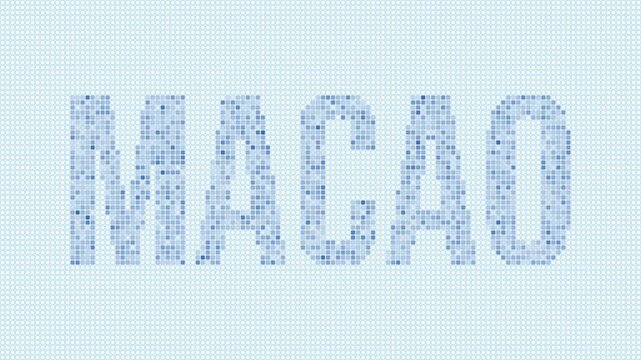 Macao dotted map animation. Digital style shape of the country. Macao shape and title dots appear with bulb flickering effect. Intro, outro, logo, title video.