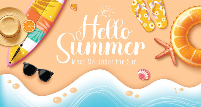 Hello Summer Banner With Surfboard Inflatable Orange Ring Summer Hat Sunglasses And Flip Flops