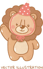 Obraz premium Cute Hand-Drawn Baby Lion Wearing Party Hat Illustration: Adorable Lion Cub Character for Nursery, Baby Shower, First Birthday, and Kids Celebration Decor.