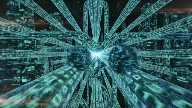 Futuristic digital tunnel with glowing binary code data stream, cyber technology, virtual reality, immersive sci fi environment, abstract matrix, and complex information flow in high tech cyberspace
