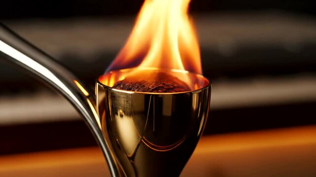 Burning flame in metal cup.