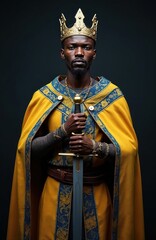 Naklejka premium Black man wears golden crown, yellow cloak, holds sword firmly. Stands with regal presence, displaying power, authority. Dressed in ornate attire, represents leadership, strength, commanding royal