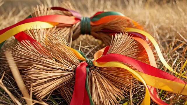 Harvest wreath made of wheat and colorful ribbons, traditional decoration for autumn season, lying on dry grass in a field, natural rustic style