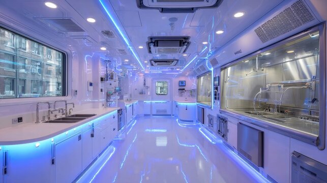 Mobile lab innovation showcasing the interior of a futuristic mobile laboratory equipped with advanced technology A clean sterile environment with modern design elements set against an urban backdrop.