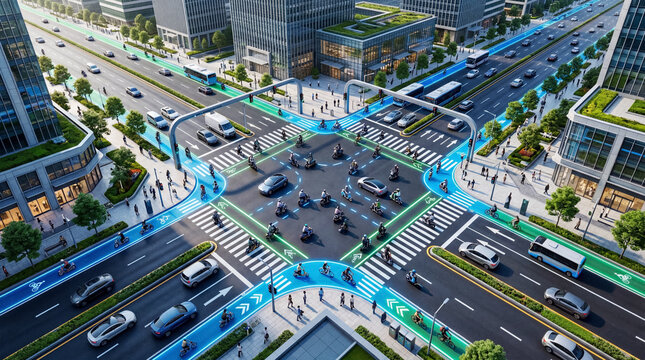 Aerial view of intersection with micro-mobility lanes and flow