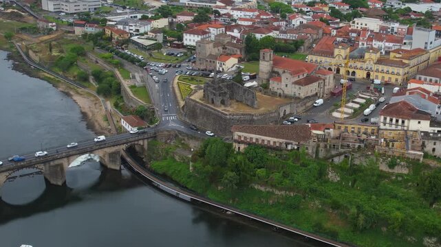 Aerial view of the downtown in the old town  of Barcelos on a cloudy summer noon in Portugal