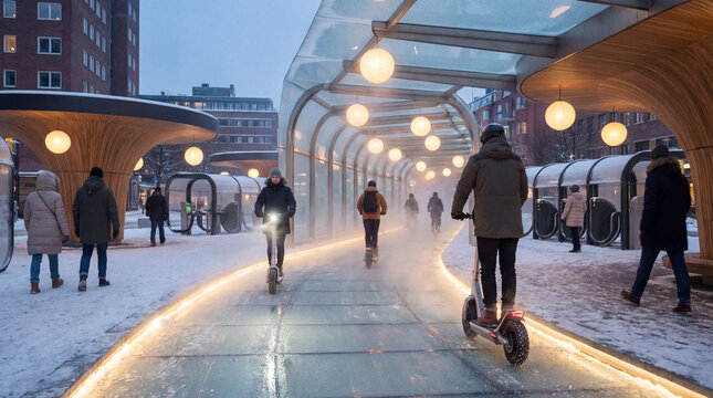 Winter mobility hub with heated bike lanes and snow