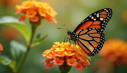Obraz premium Monarch butterfly rests on orange lantana flower. Insect drinks nectar from bloom. Orange butterfly has black and white spots on wings. Wild nature macro scene.