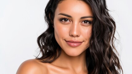 Obraz premium Inclusive beauty and diverse representation a close-up portrait of a smiling woman with dark hair and tan skin against a white background Cosmetics and skincare advertising campaigns promoting.