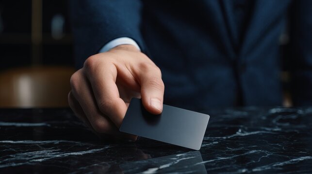 Macro POV of an executive hand placing a blank matte black metal card on a black marble desk.