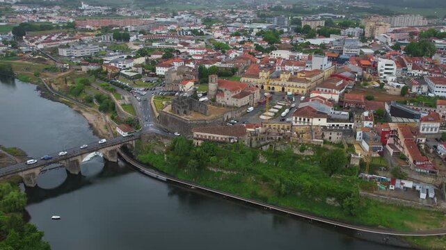 Aerial view of the downtown in the old town  of Barcelos on a cloudy summer noon in Portugal