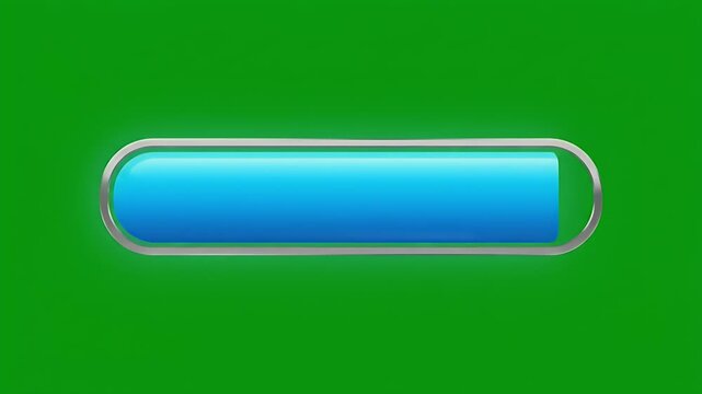 A bright blue button with a metallic silver outline rests on a vibrant green background
