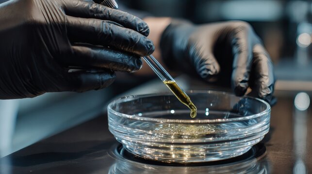 Macro POV of a chef's hands creating golden fruit caviar using spherification technique.