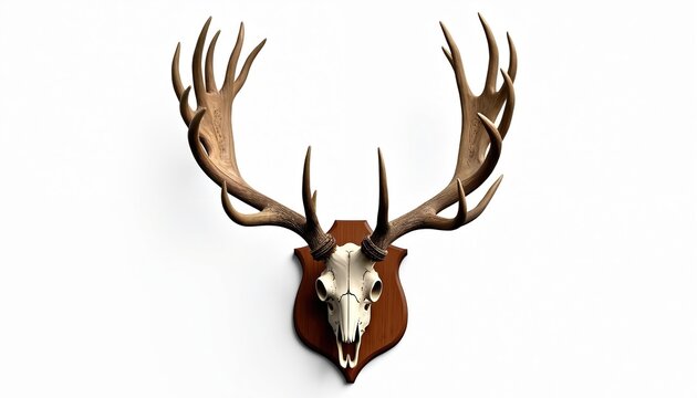 Majestic deer antlers and skull mounted on wooden plaque. This trophy display evokes rustic lodge or cabin decor. Natural bone art for hunting or wildlife enthusiasts.