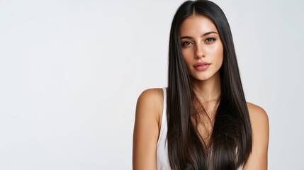 Naklejka premium Promoting haircare and beauty products A young woman with long dark healthy hair and smooth skin poses against a white background advertising cosmetics or wellness products The studio shot emphasizes.