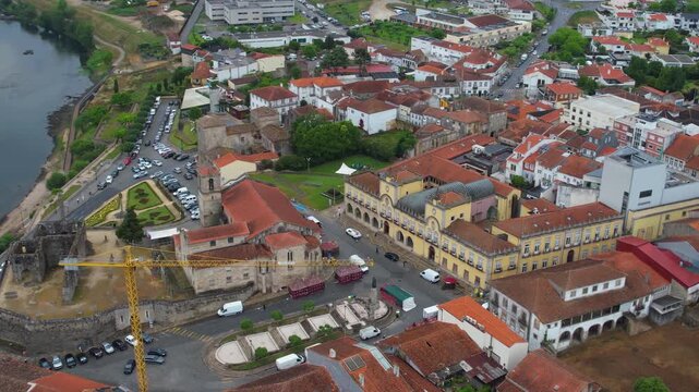 Aerial view of the downtown in the old town  of Barcelos on a cloudy summer noon in Portugal