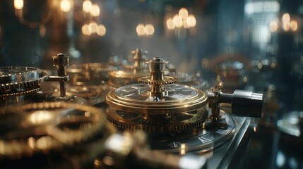 Fototapeta premium Intricate polished brass clockwork mechanisms with detailed gears and luminous bokeh background