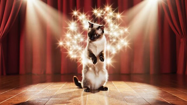 Siamese Cat Performing on Theater Stage under Spotlights