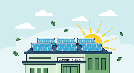 Fototapeta premium Community Center with Solar Panels on Roof, Sun Shining, Green Energy Concept