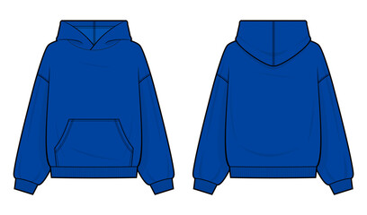 Oversized Blue Hoodie with Kangaroo Pocket Technical Fashion Illustration. Pullover Hooded Sweatshirt Vector Template. Front and Back View. Streetwear CAD Mockup © aiven studio