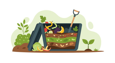 Fototapeta premium Compost bin with layers of organic waste and garden shovel, eco-friendly recycling concept