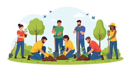 Fototapeta premium Diverse group of people planting trees together in a park, community gardening, environmental conservation