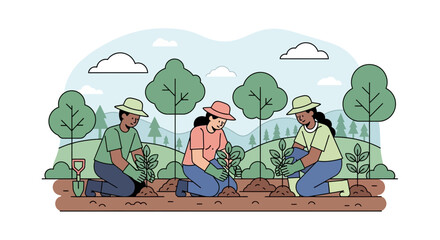 Obraz premium Diverse people planting seedlings in a community garden, sustainable agriculture concept