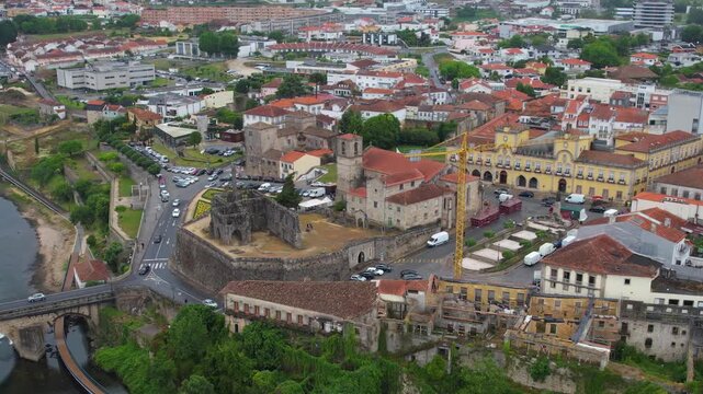 Aerial view of the downtown in the old town  of Barcelos on a cloudy summer noon in Portugal