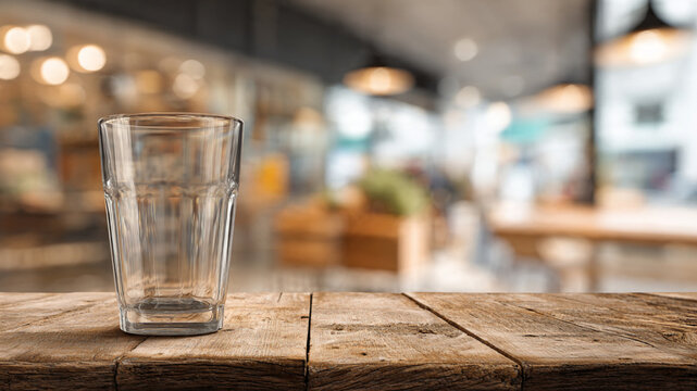 Empty drinking glass mockup on wooden table with blurred cafe interior background for restaurant promotion landscape orientation rustic warm atmosphere