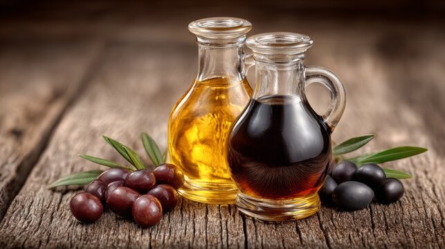 Elegant glass cruets filled with golden oil and dark vinegar sit among ripe olives on rough wood, evoking Mediterranean flavor for culinary, restaurant, or recipe designs.
