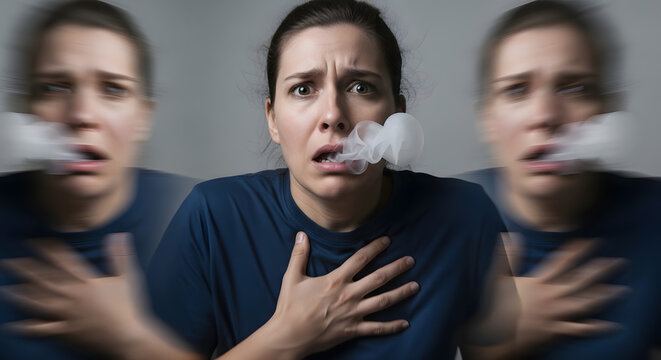 Woman with hands on chest and mouth.