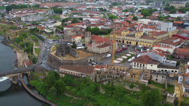Aerial view of the downtown in the old town  of Barcelos on a cloudy summer noon in Portugal
