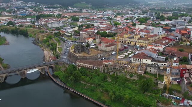 Aerial view of the downtown in the old town  of Barcelos on a cloudy summer noon in Portugal